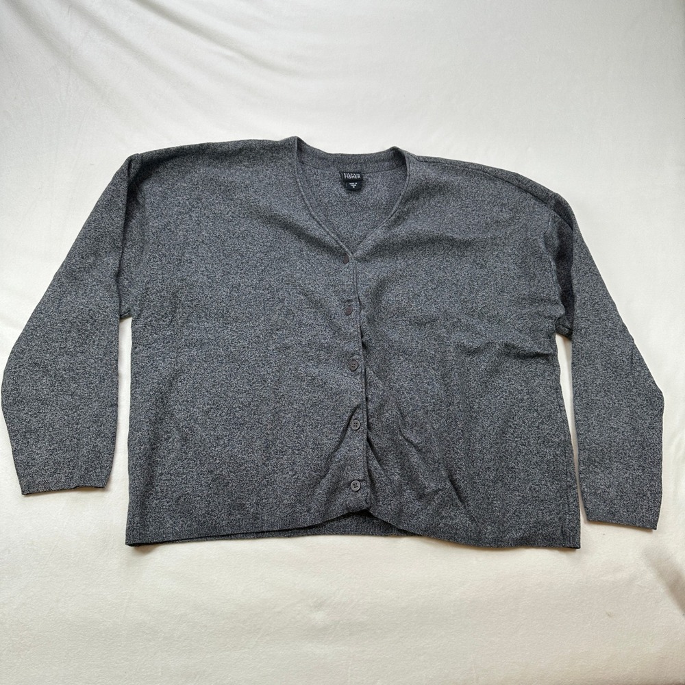 Eileen Fisher Gray Heathered Button Front Cardigan Sweater Medium Cotton Blend
